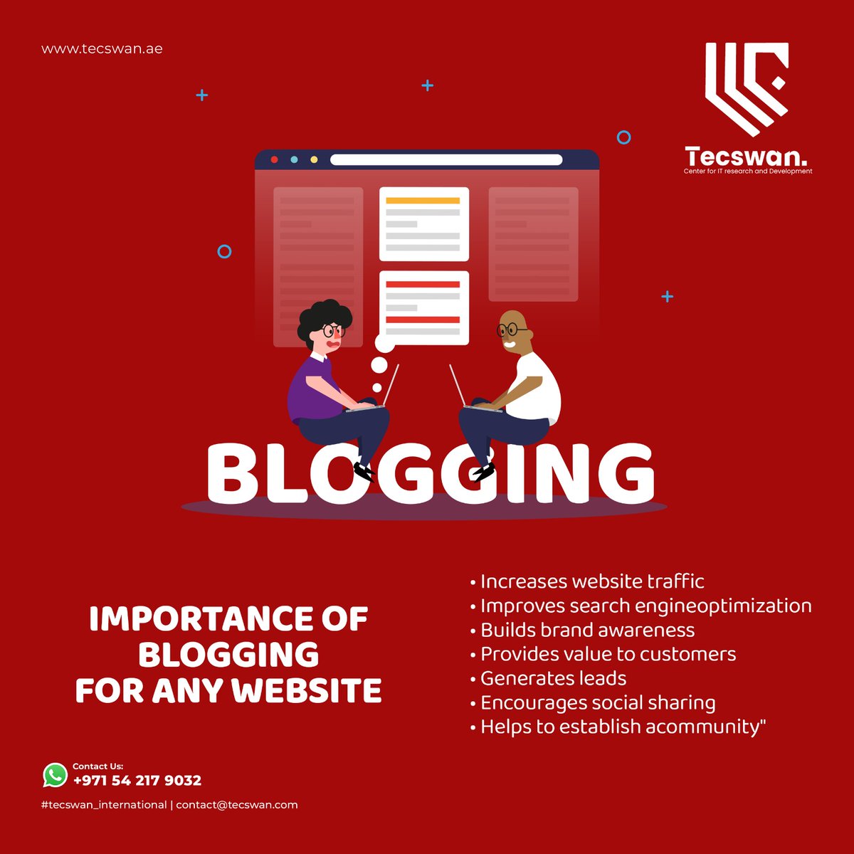 TecswanEdu1's tweet image. Harness the potential of blogging to elevate your website! Discover how this powerful tool can boost traffic, improve SEO, and foster brand growth.⚡🌐
.
.
.
#webdevelopmentcourse #webdesigningcourse #digitalmarketingcourse #tecswan #tecswaninternational #digitalmarketing