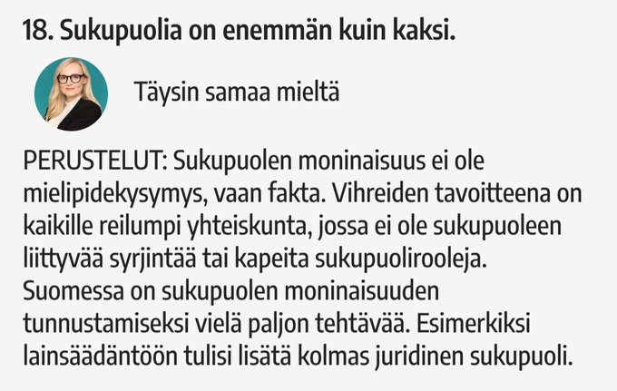 Kun 'tiedepuolue' perustaa mielipiteensä satuihin, ei kannata odottaa korkeaa kannatusta vaaleissa JOS sukupuolia olisi enemmän kuin kaksi, on varmaan helppo juttu kertoa minkä gameetin eli sukusolun nämä muut sukupuolet tuottavat? PS. En pidättele henkeä vastauksia odotellassa