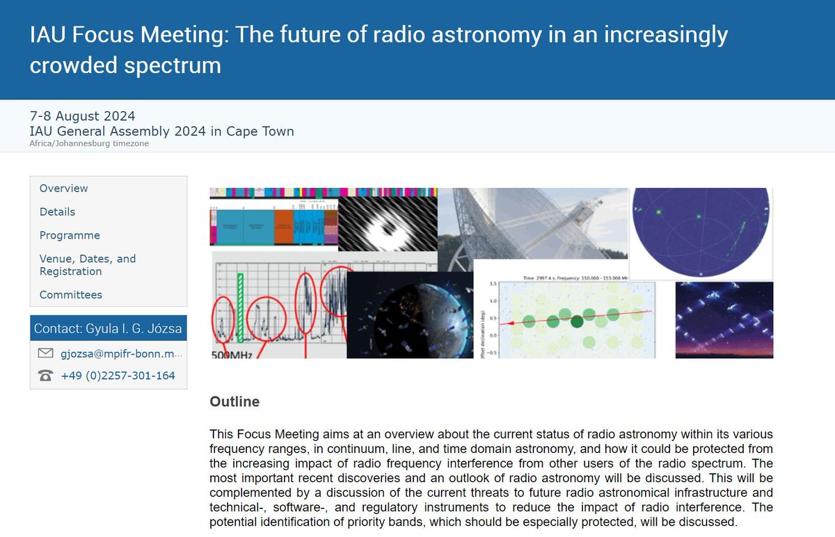 The IAU Focus Meeting 5 on 'The Future of Radio Astronomy in an Increasingly Crowded Spectrum' will be held at the XXXII IAU General Assembly in Cape Town, South Africa, on August 7-8, 2024. events.mpifr-bonn.mpg.de/indico/event/3… #IAUFM5 #IAUGA2024