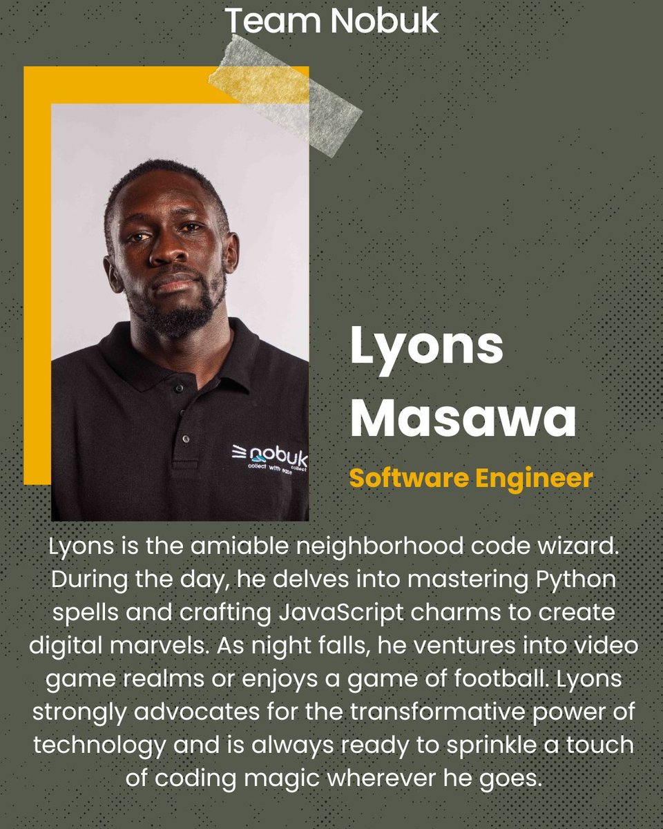 Team spotlight! 🧡

Today meet Lyons Masawa–  Software Engineer!

Tuko tu sawa with Lyons in the team #TeamNobuk ⭐

#TeamSpotlight #Engineer #Nobuk #MeetTheTeam  #NobukCollect #WhatsApp #GroupCollections #SimplifyYourLife