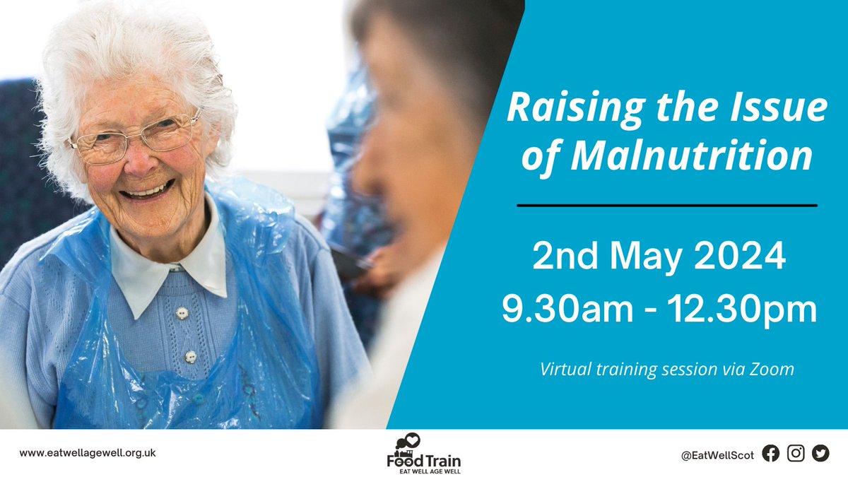 Our next Raising the Issue of Malnutrition training session - 2nd May 9.30am-12.30pm Build your understanding on why older people are at greater risk of #malnutrition, learn the signs & symptoms & how to use simple screening tools. BOOK HERE ---> tinyurl.com/4ww37zwn