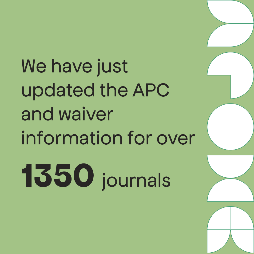 We've almost finished our annual update of charges for accounts with the most journals. We've already updated charges and waiver information for more than 1350 journals. Thanks to our publishing partners for helping keep their metadata up to date. #openaccess #scholcomm #metadata