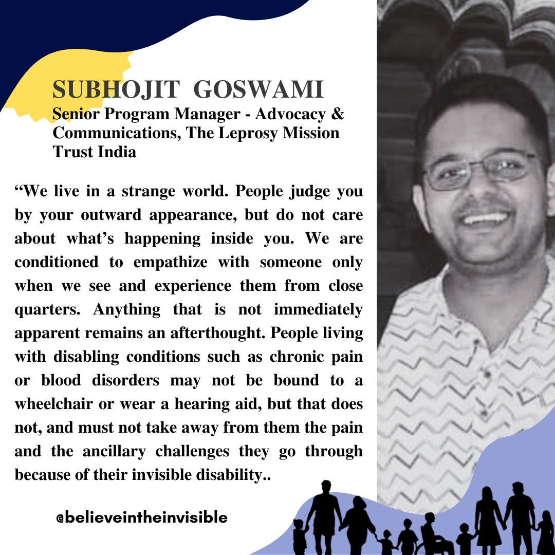 BelieveInvisibl's tweet photo. "Anything that is not immediately apparent remains an afterthought" says @subhojit_g . Advocating for #InvisibleDisabilities by shedding light on the hidden narratives holds immense significance to #LeaveNoOneBehind.  Share your story here -  https://t.co/Z8OWztoKer
@TLMIndia https://t.co/plJDcc1wF6
