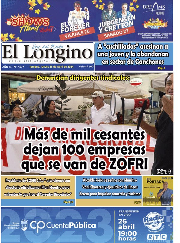 Portada del Diario Longino de Iquique 25 de abril del 2024 Visite diariolongino.cl #Iquique #Tamarugal #Chile