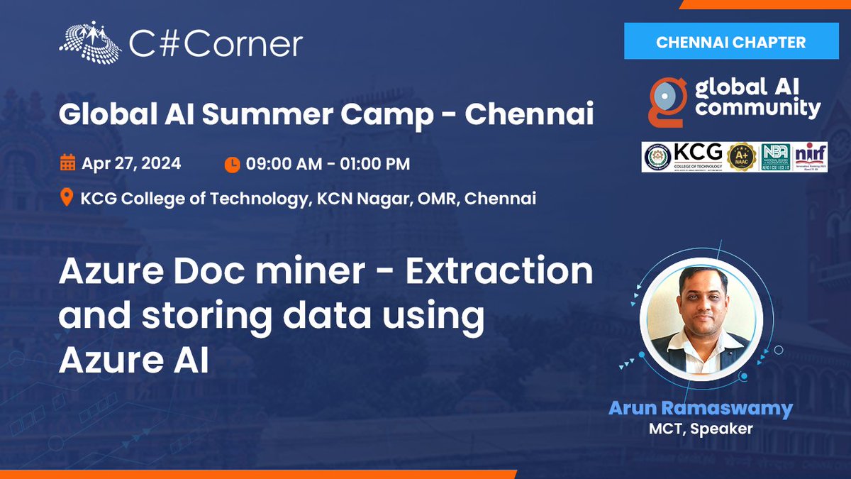 Discover the world of data extraction and storage with Azure AI! Join Arun Ramaswamy at #GlobalAISummerCamp on April 27 for an in-depth session on Azure Doc Minor.

Register your seat now: tinyurl.com/43yf44jm

#AzureAI #AzureCloud #GlobalAISummerCamp #CSharpCorner