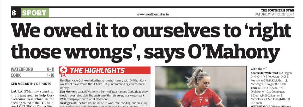 👩‍💻IN this week’s @SouthernStarIRL @WestCorkSport 

🔴READ my report, analysis and reaction from @CorkLGFA’s @TG4TV @LadiesFootball @MunsterLGFA SFC win over Waterford 

#️⃣ #corklgfa #lgfa #SeriousSupport #corklgfa