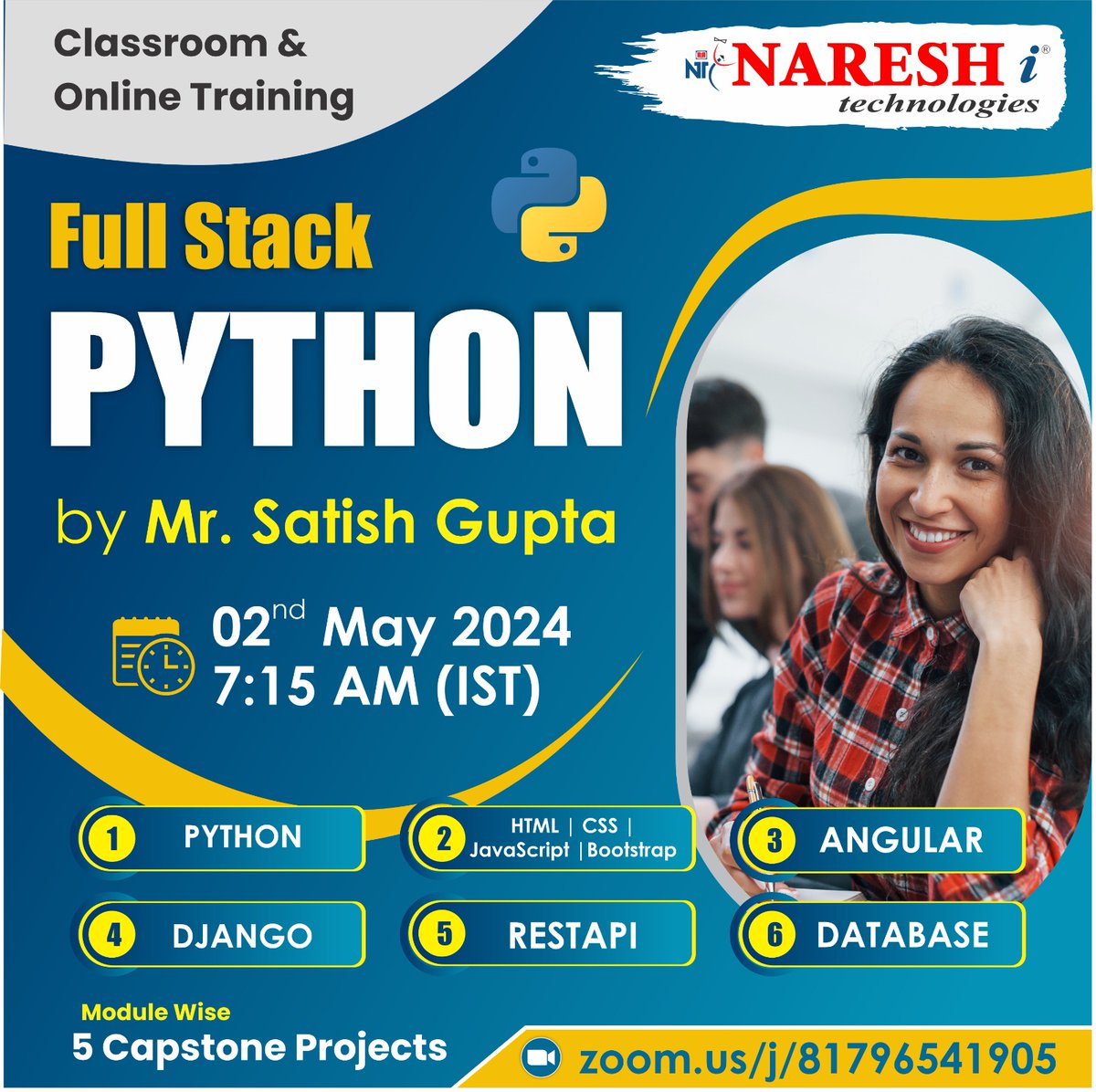 ✍️Enroll Now: bit.ly/3UB7KeA
👉Attend Free Demo On Full Stack Python by Mr.Satish Gupta
📅Demo on: 2nd May @ 7:15 AM (IST).

#Python #numpy #pandas #programming #sql #courses #software #learnfromhome #Angular #html #css #javascript #django #nareshit