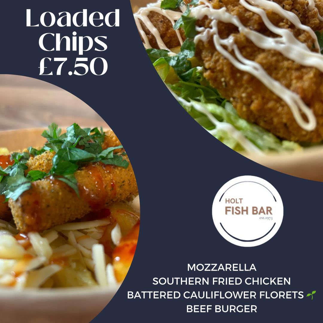 Martin_Garrard's tweet image. 🗣 NEW! Loaded Chips💥at Holt Fish Bar ~ £7.50
Four delicious toppings 😋
🍟 Mozzarella 
🍟 Southern Fried Chicken 
🍟 Battered Cauliflower Florets 🌱
🍟 Beef Burger
Which will you choose? 
#loadedchips #cheesychips #vegetarian #vegan #Holt #norfolk #NorthNorfolk