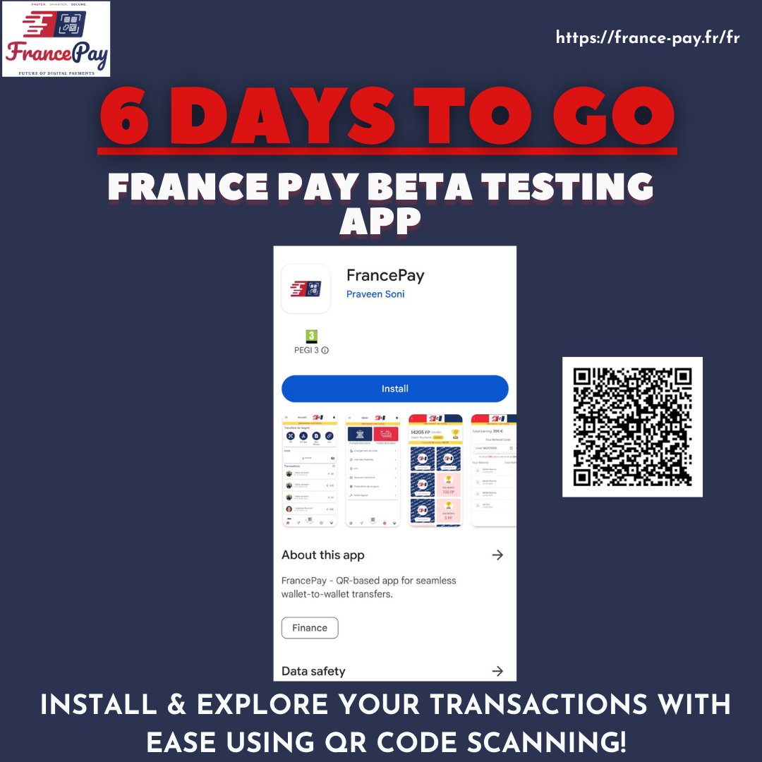 Hold onto your seats, folks! France Pay is about to rock your world with the launch of its beta  testing app in just 6 days! Install to explore your transactions with ease using QR code scanning!📱

***Visitez maintenant***
france-pay.fr/fr 

#BetaLaunch #QRRevolution