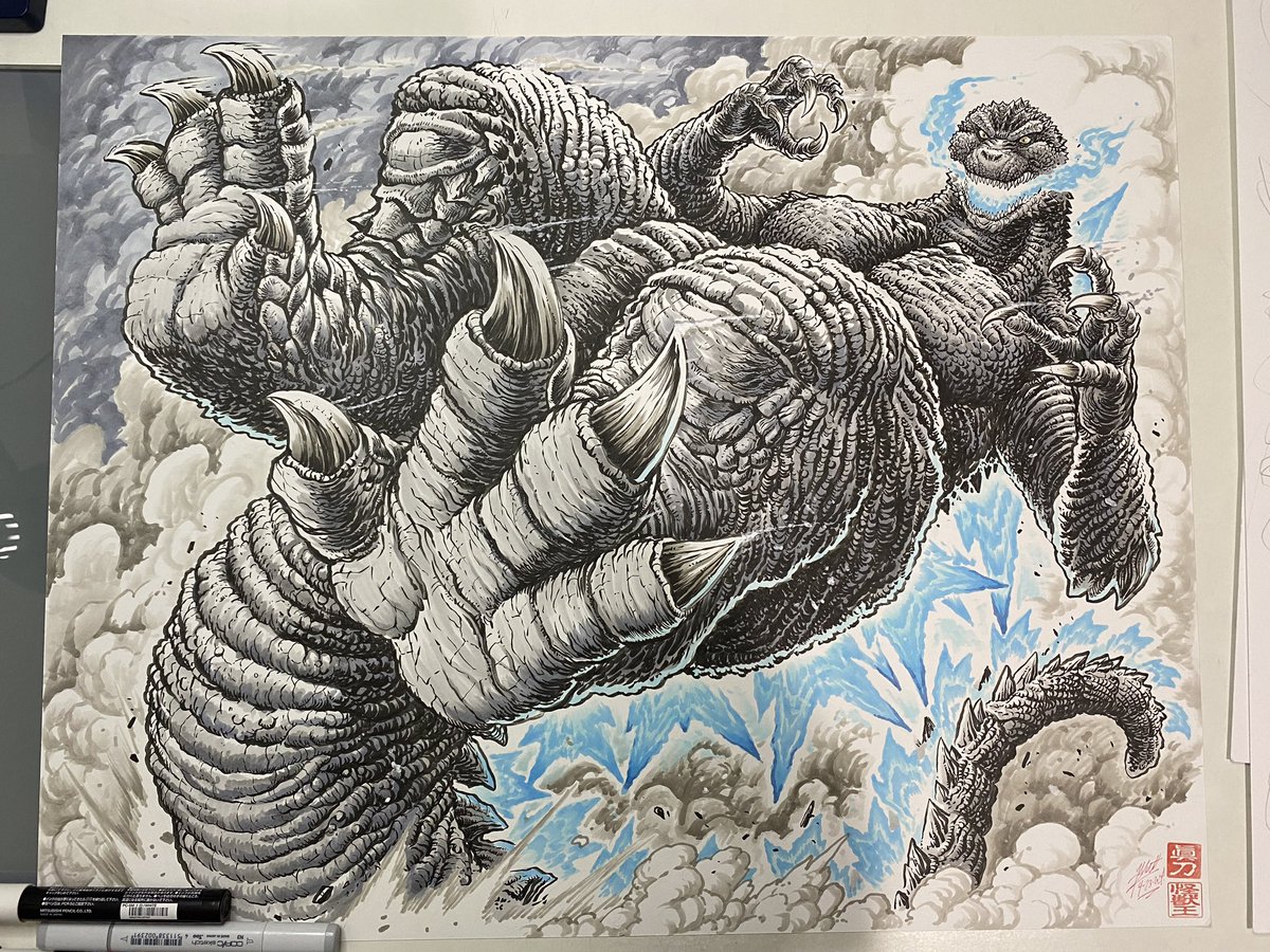 I’m pretty proud of this massive Godzilla Minus One Tail Slide commission! 18x24 on Bristol board with zebra pens and copic markers with some Posca pens for extra effects!