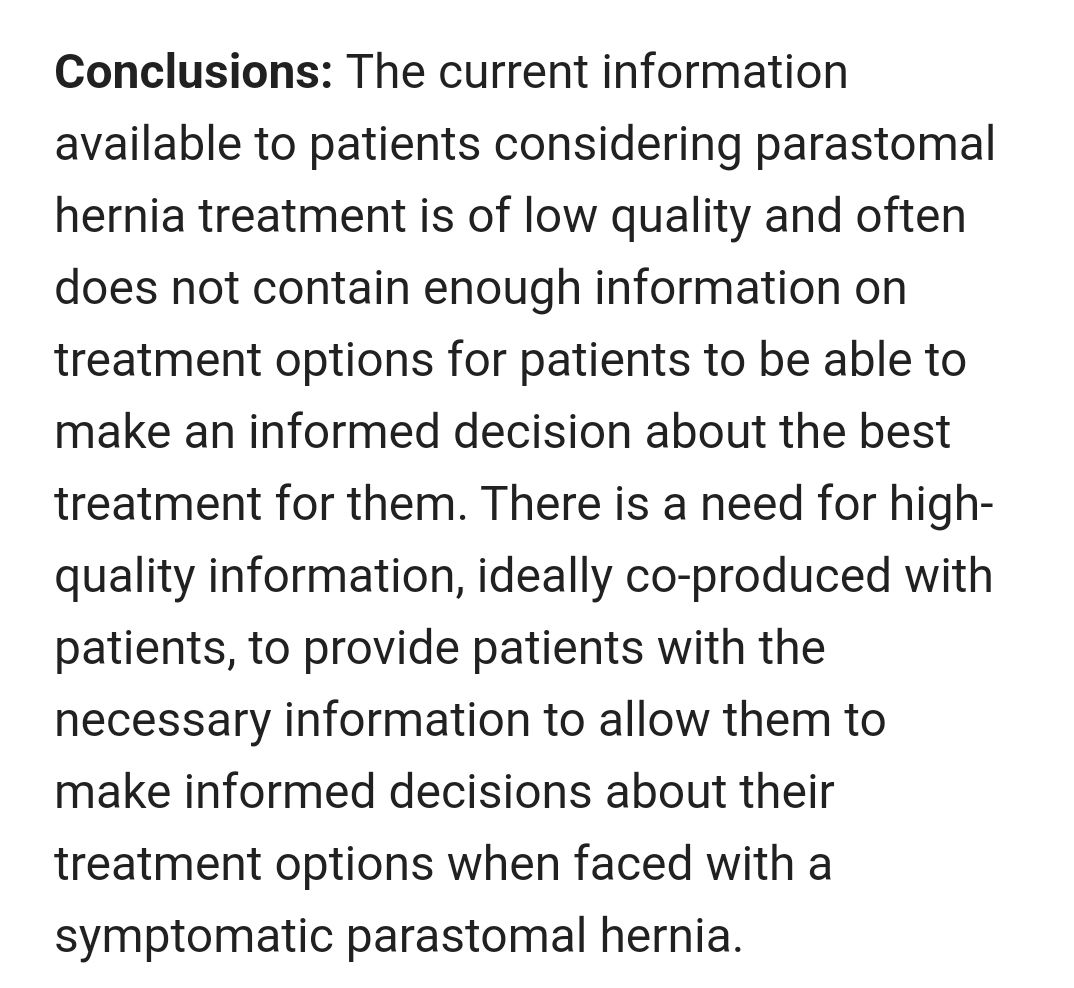 buff.ly/49J4IJd Assessment of the quality of online patient information resources for patients considering #ParastomalHernia treatment.

#HerniaSurgery #ColorectalSurgery #OpenAccess @ColorectalDis