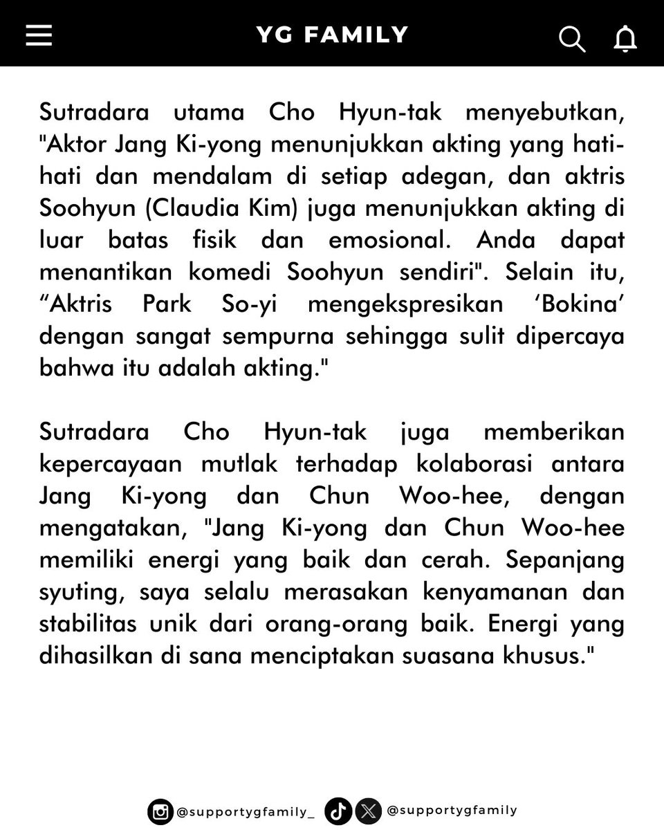 Sutradara 'The Atypical Family' menyebutkan pesona para pemain, diantaranya Jang Ki Yong, Claudia Kim, dan Park Soi YG STAGE untuk dinantikan.

Cr. Heraldcorp

🦄