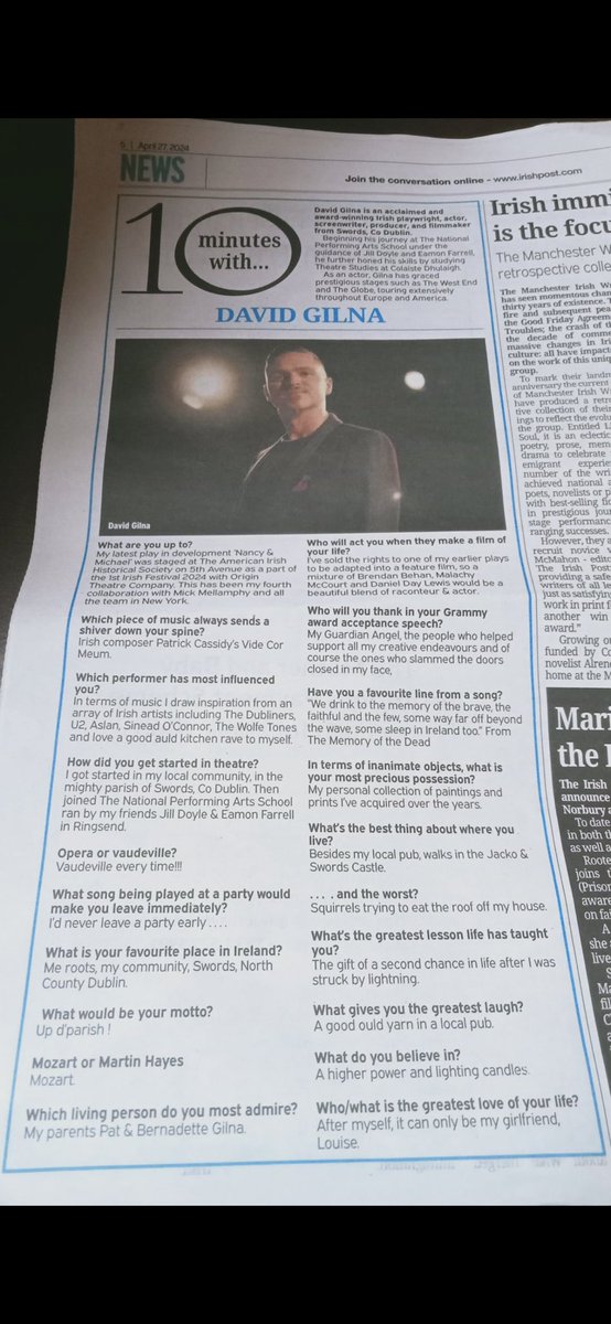 Thanks a Thousand <a href="/GerryMolumby/">Gerry Molumby</a> <a href="/theirishpost/">The Irish Post</a> for your support in me auld career. Have some very exciting collaborations to announce over the coming months <a href="/cassidycomposer/">Patrick Cassidy</a> <a href="/OriginTheatre1/">Origin Theatre Company</a> <a href="/VikingTheatre/">Viking Theatre</a> @mickmellamphy <a href="/Cabtivist/">John McDonagh</a> <a href="/OdohertyOrla/">Orla Doherty - Writer</a> @mselainemurphy 🎭🎬❤️