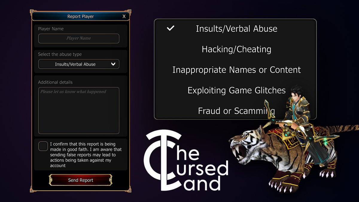Hey #Web3gaming fans! 🎮

As our "The Cursed Land" #MMORPG community grows, we're welcoming many new players. 

We know that not everyone plays fair or friendly, but don't worry! We're here to make sure our community stays safe and fun for all of you.

🛡️ Now, you can report a