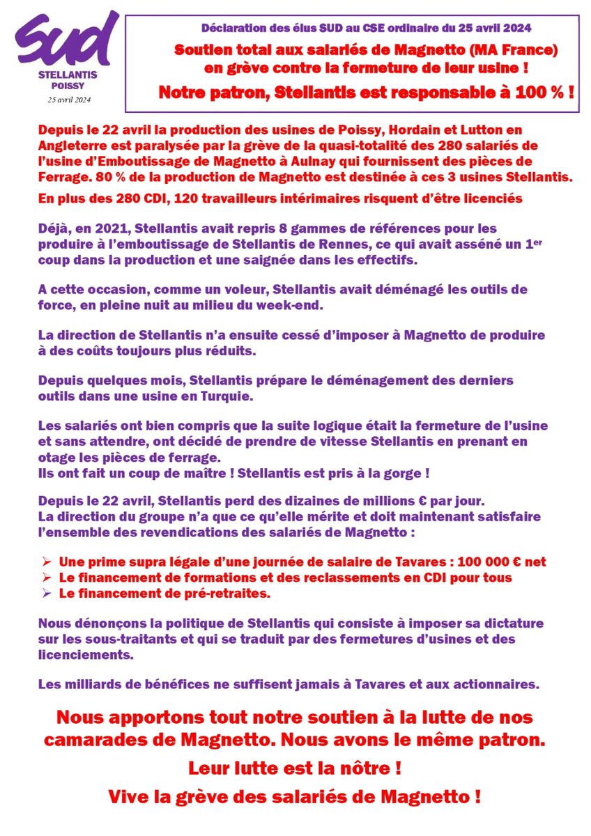 La grève des travailleurs de l'emboutisseur MA France paralyse 3 usines #Stellantis depuis le 22 avril. La force des travailleurs, c'est la grève !