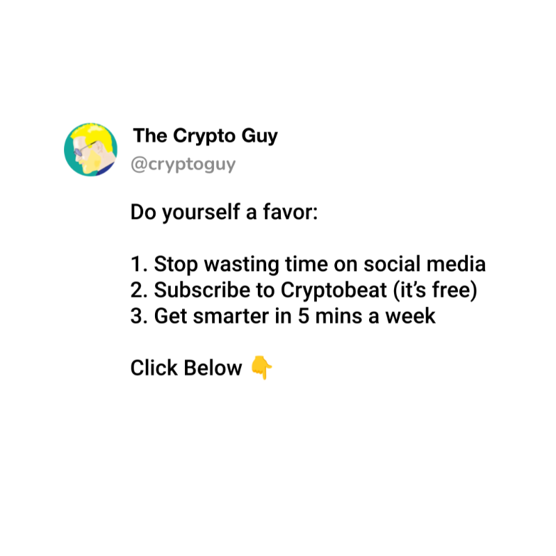 wagmidotglobal's tweet photo. "My friends think I'm a crypto genius, (I'm not) it's because I read Cryptobeat's weekly newsletter (and they have no idea it exists)" - Every Crypto Degen