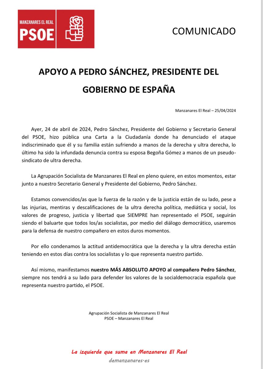 📢 COMUNICADO DE APOYO A PEDRO SÁNCHEZ, PRESIDENTE DEL GOBIERNO DE ESPAÑA.
Agrupación Socialista de Manzanares El Real 
 
demanzanares.es/comunicado-apo…