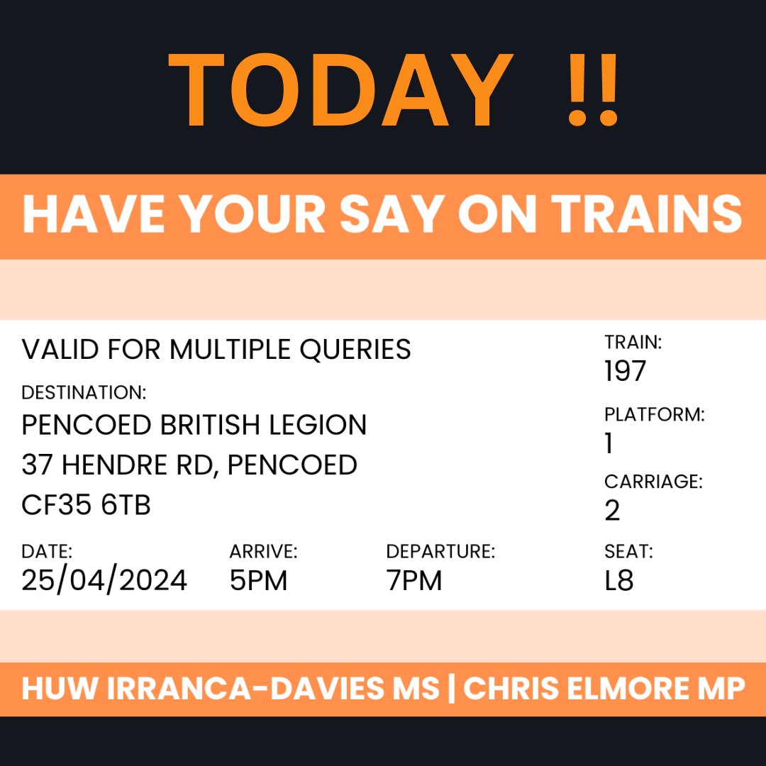 📢Reminder – Rail meeting tonight ‼️ @CPJElmore & I have arranged a 2nd drop-in event with @transport_wales 🗣️If you missed the 1st one or have more to say on all things train-related on the Maesteg-Cardiff line, or want to hear improvement plans, pop in any time between 5pm-7pm