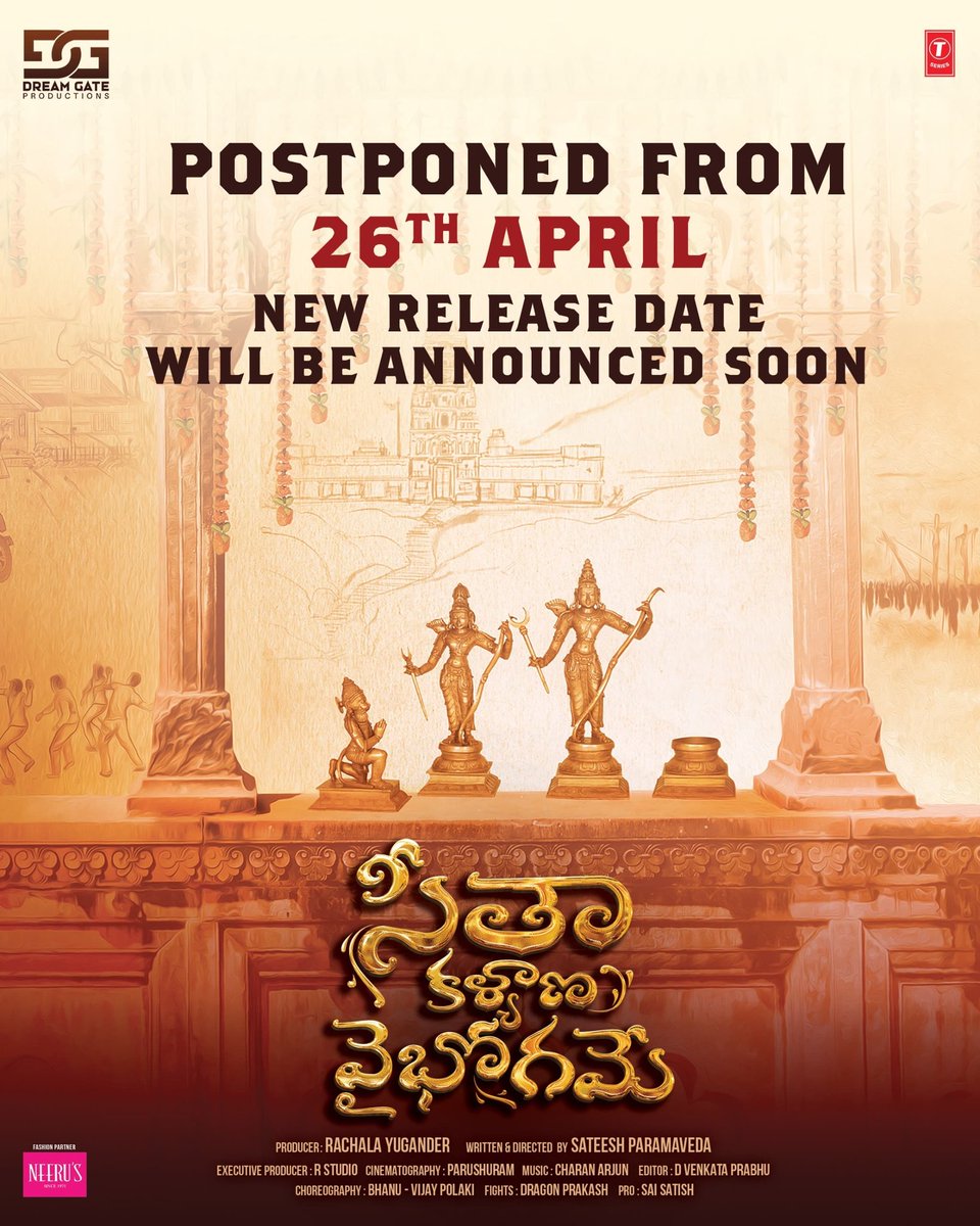 Postpone Alert 🚨 The release date for #SeetaKalyanaVaibhogame has been postponed. New date coming soon! @sumanvootkur @DrGarimachouhan @sateeshparamved @RachalaYugander @Parshuram_G_ @VentakaPrabhu6 @actorsivajiraja @GagaanViharri @CharanArjunwave @master_bhanu @PolakiVijay