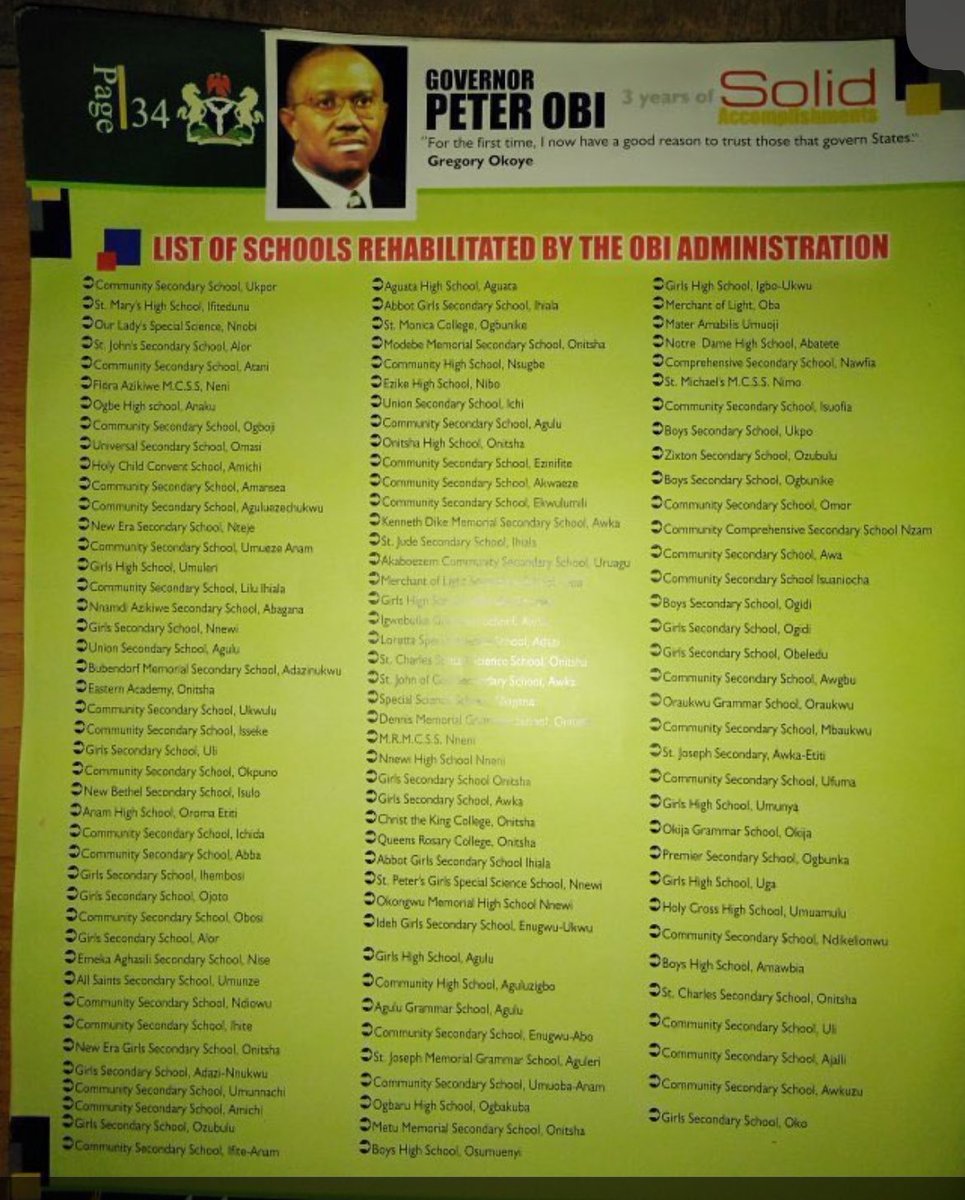 The Usual way for Politiician is to divert & loot funds through executing (Ultra -Morden😁) projects which most of the time is not completed!
This is where Peter Obi is better.
Below are the lists of Schools he rehabilitated, and improved their infrastructures.

#ThankYouPeterObi