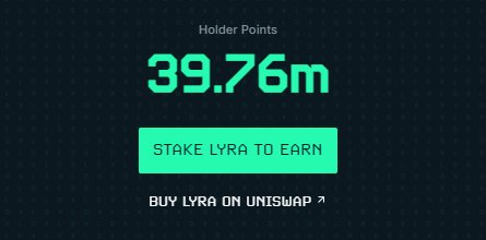 I am sitting on nearly 40M holder points already.

<a href="/lyrafinance/">Derive.xyz (formerly Lyra)</a>  is the decentralised Robinhood, and is set to hit mainstream adoption as THE options trading app on the Optimism &amp; Base super chain.

Lyra &amp; LDX will be infront of 56 million registered users for Coinbase.

Locking