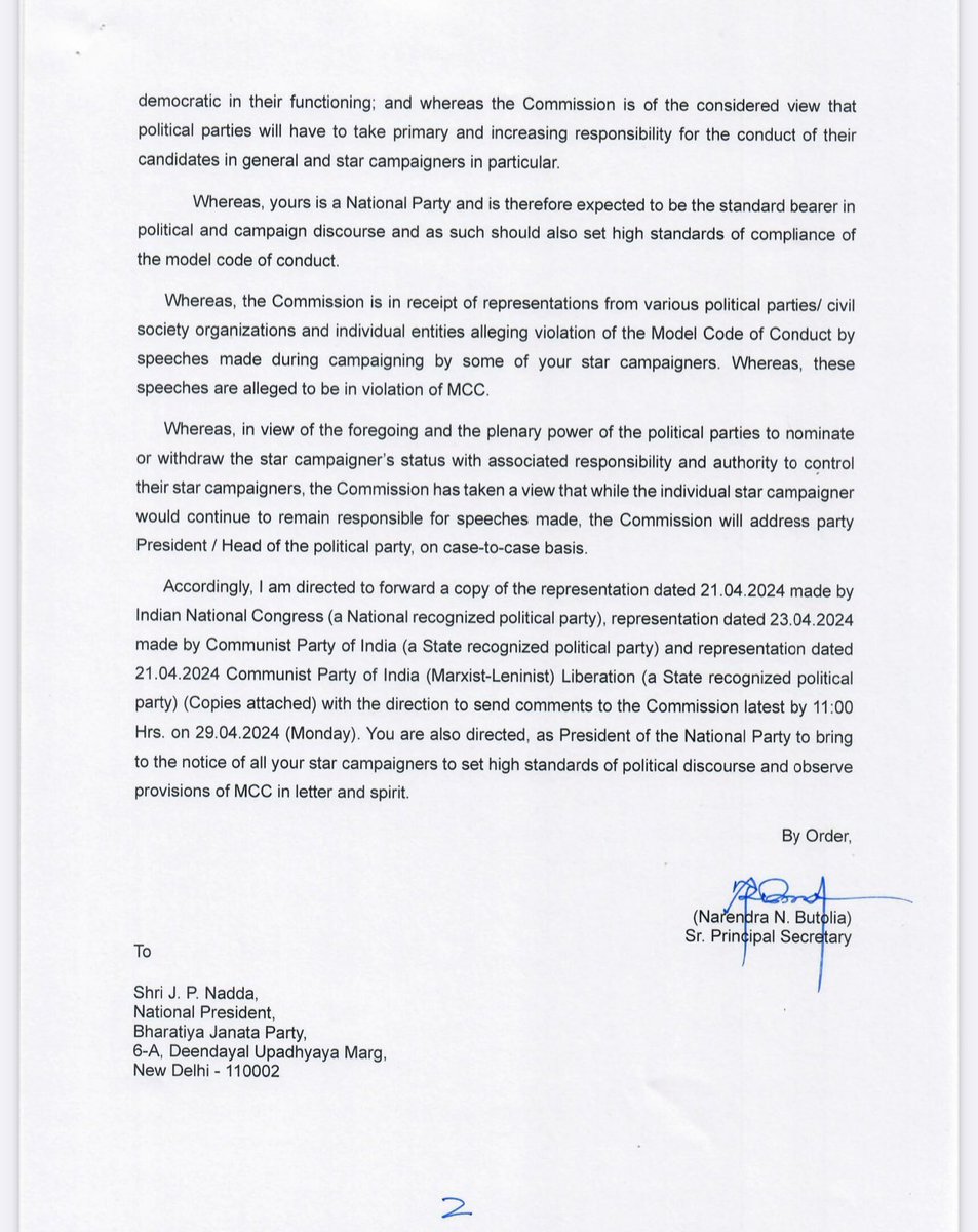 ECI issues notice to BJP President JP Nadda seeking party’s response on complaints of violation of model code of conduct by PM Modi during campaign in Rajasthan. BJP asked to respond by April 29.
