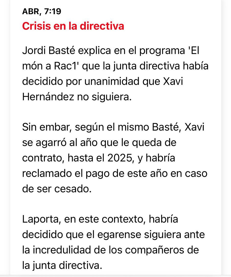 Dice @jordibaste que resulta que Xavi se queda, porque tras anunciar que se iba en Enero y que perdonaba el año, se niega ahora a marcharse sin que le paguen a él y su staff … Aquí tenéis a El hombre de club 😒