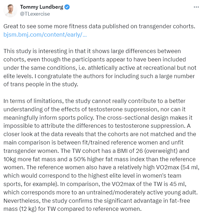 A University of Brighton study, funded by the IOC and featured in the US media, has found that 'trans women are not biological men' as women have athletic advantages over cross-dressing men. Not mentioned in the coverage: The study compared 23 overweight men to 21 sportswomen