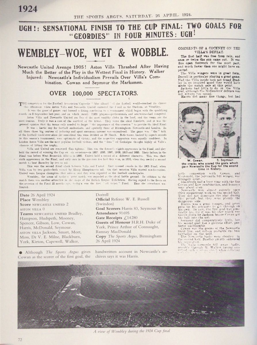 Newcastle United beat Aston Villa 2-0 in the #FACup Final at Wembley #OTD in 1924 @MagpieFootball @NUFCProgrammes @NUFC_1980_1994 @old_toon @MagicOfFACup @WembleyArchive