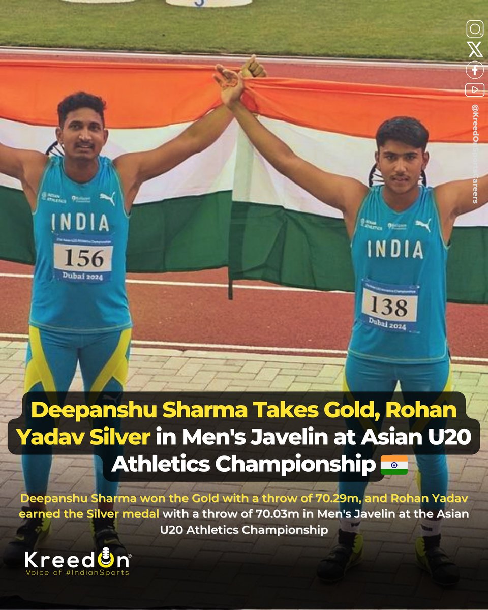 Indian athleticism shines at the #AsianU20 Championships! Deepanshu Sharma claims gold 🥇 with a throw of 70.29m, while Rohan Yadav secures silver 🥈 with 70.03m. 🏅🌟 #AthleticsGlory #DeepanshuSharma #RohanYadav