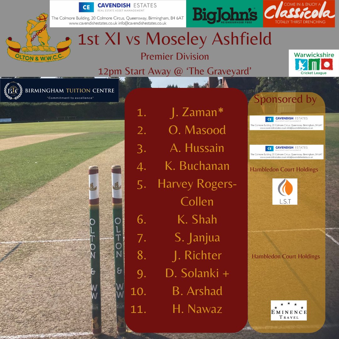 oltonwwcricket's tweet image. Team News for Saturday 

1s away vs @MoseleyAshfield 

2s home vs Old Ed’s 

3s away vs @CatneyCricket 

#owwcc #teamnews #wccl #warwickshirecricket