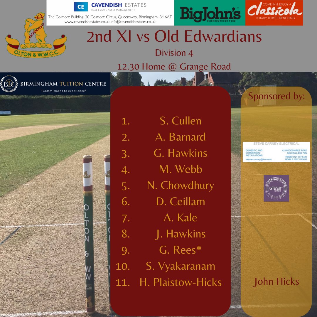 oltonwwcricket's tweet image. Team News for Saturday 

1s away vs @MoseleyAshfield 

2s home vs Old Ed’s 

3s away vs @CatneyCricket 

#owwcc #teamnews #wccl #warwickshirecricket