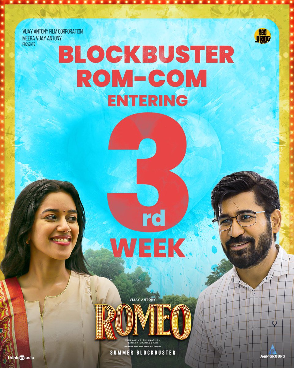 #Romeo TWO WEEKS TN GROSS—

13 Days Gross - ₹14.53 CR

14th Day (Wed) - ₹0.45 CR

Total TN Gross - ₹14.98 CR🔥🔥🔥

Already in the comfortable zone at TNBOC and it’s successfully entering into third week.

#TamilNadu #VijayAntony #BoxOffice