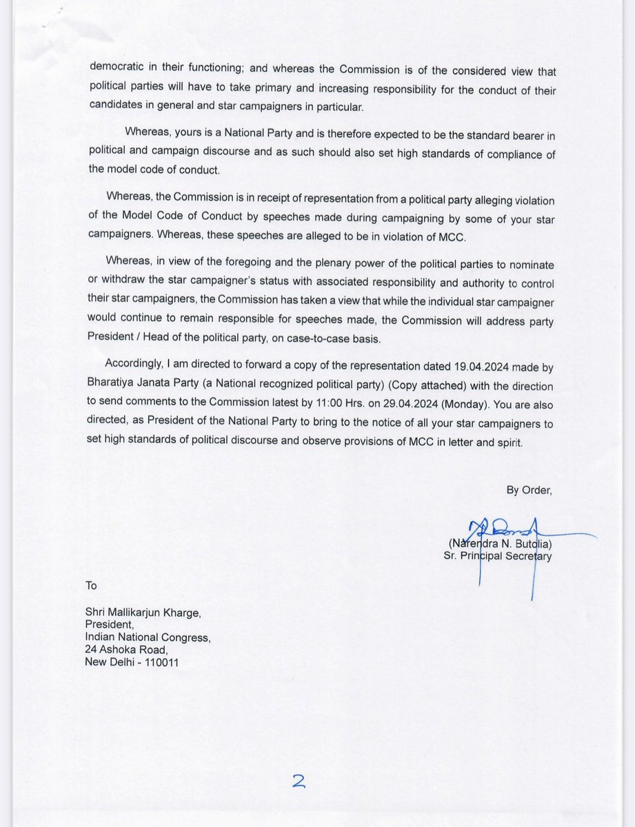 ECI also issues notice to Congress President Mallikarjun Kharge seeking party’s response on complaints by BJP against Rahul Gandhi and Kharge for violation of model code of conduct during election campaigns in Kerala.