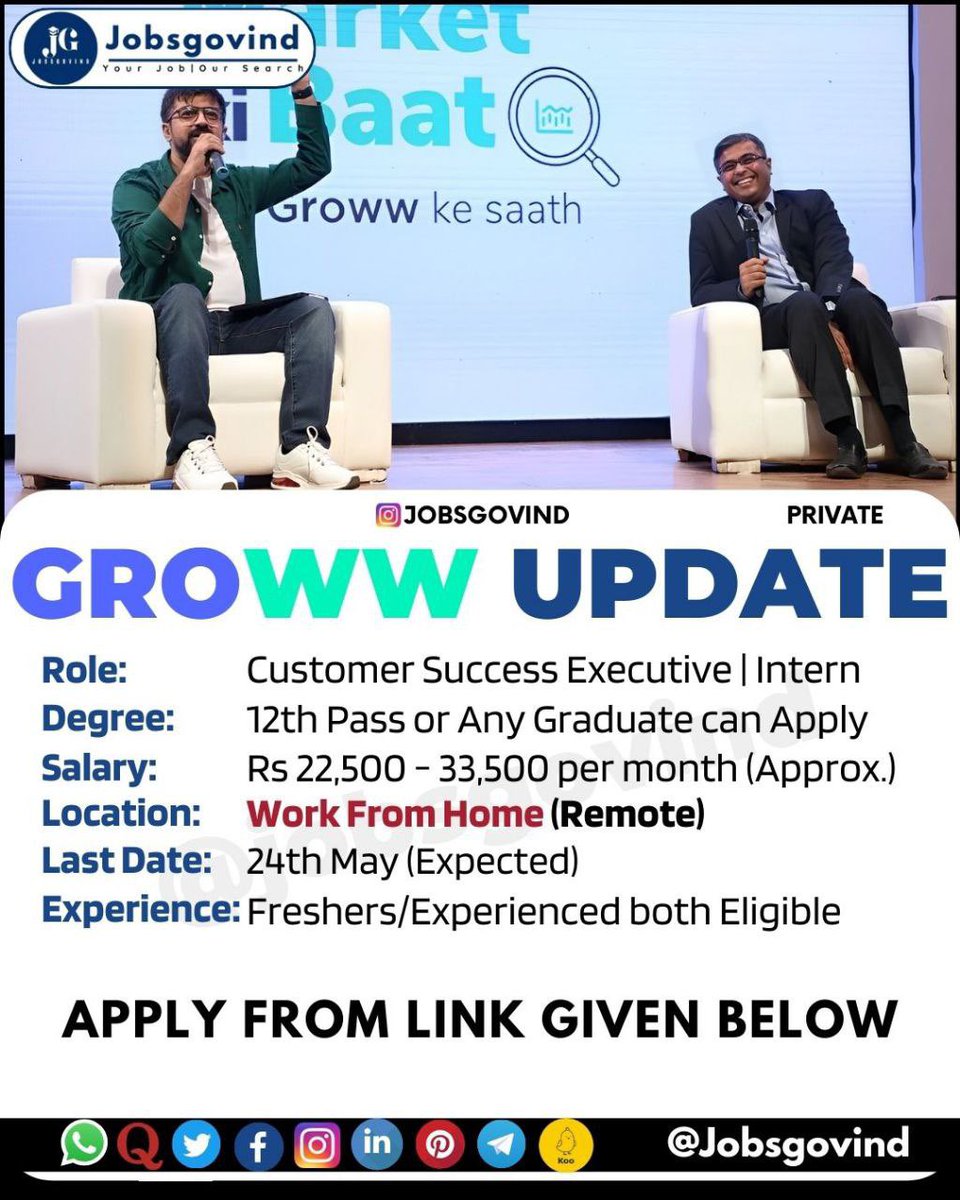 🔴Groww is Hiring (Work From Home - Remote) 
▪️Post - Customer Success Executives/Content Writer Interns/Operations Executive
👉Apply Link => jobsgovind.com/2023/10/groww-…