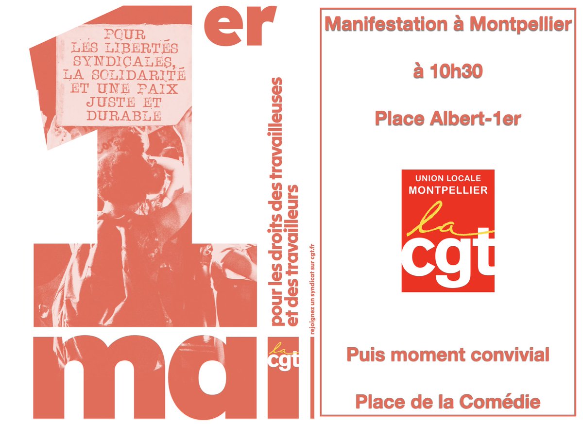 #Manifestation #PremierMai #Montpellier Rendez-vous à 10h30 place Albert-1er @CGT34herault @UnionCgt @CgtChu @CGTUM3 @CGTEduc34 @SNTRSCGT_INSERM @CgtTam34 @CheminotsCgt @CgtEnergie34 @SFA_CGT @CgtFaptOrange