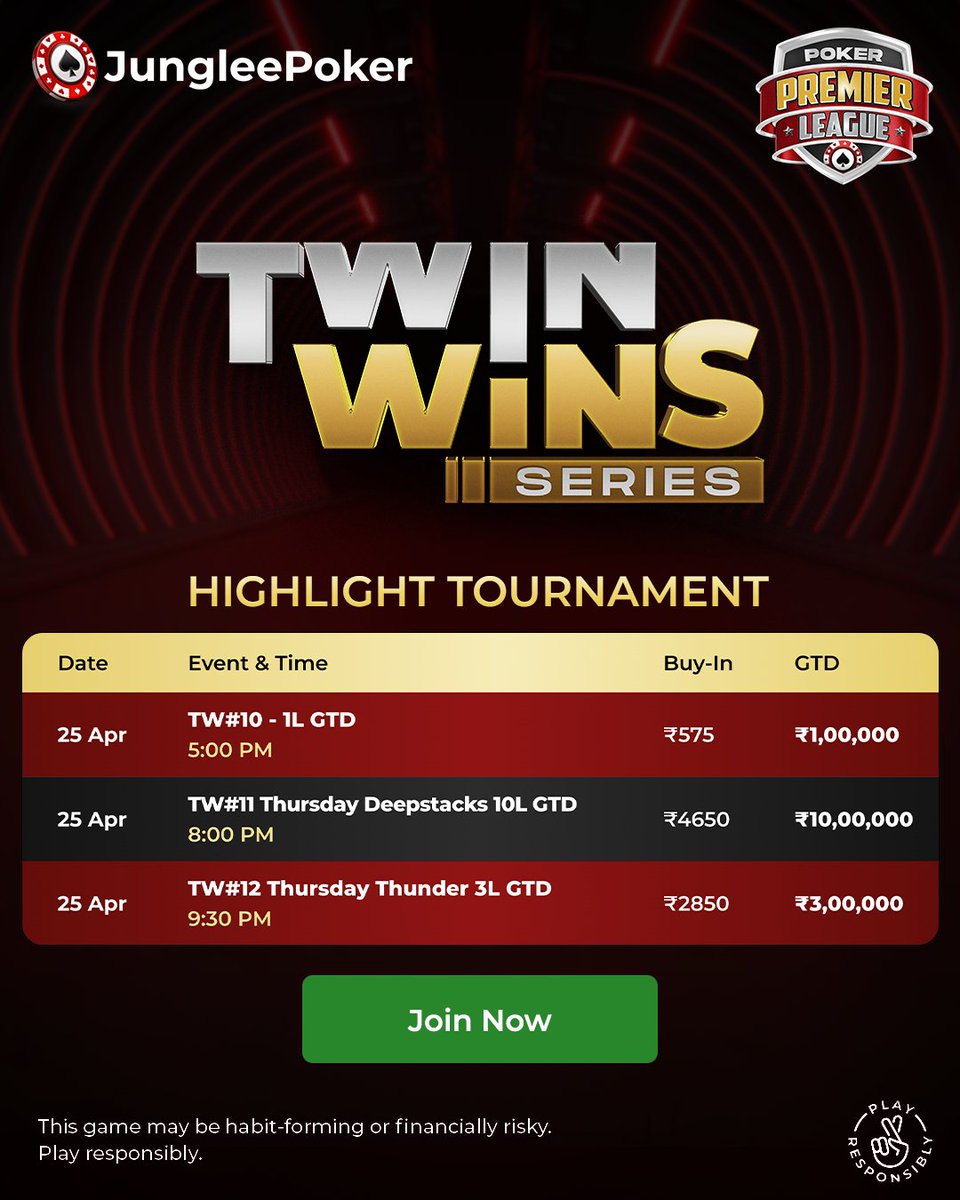 🦈 Dive into the poker deep end! 🦈

🔥 The stakes are sizzling on Day 4 of @junglee_poker's #PPLSeries3, boasting a ₹1+ Crore GTD in the #TwinWinsSeries!

💰 Today alone, there is ₹18 Lakhs on the line across three thrilling events! 

🌟 Tonight's headliner: ₹12 Lakhs GTD