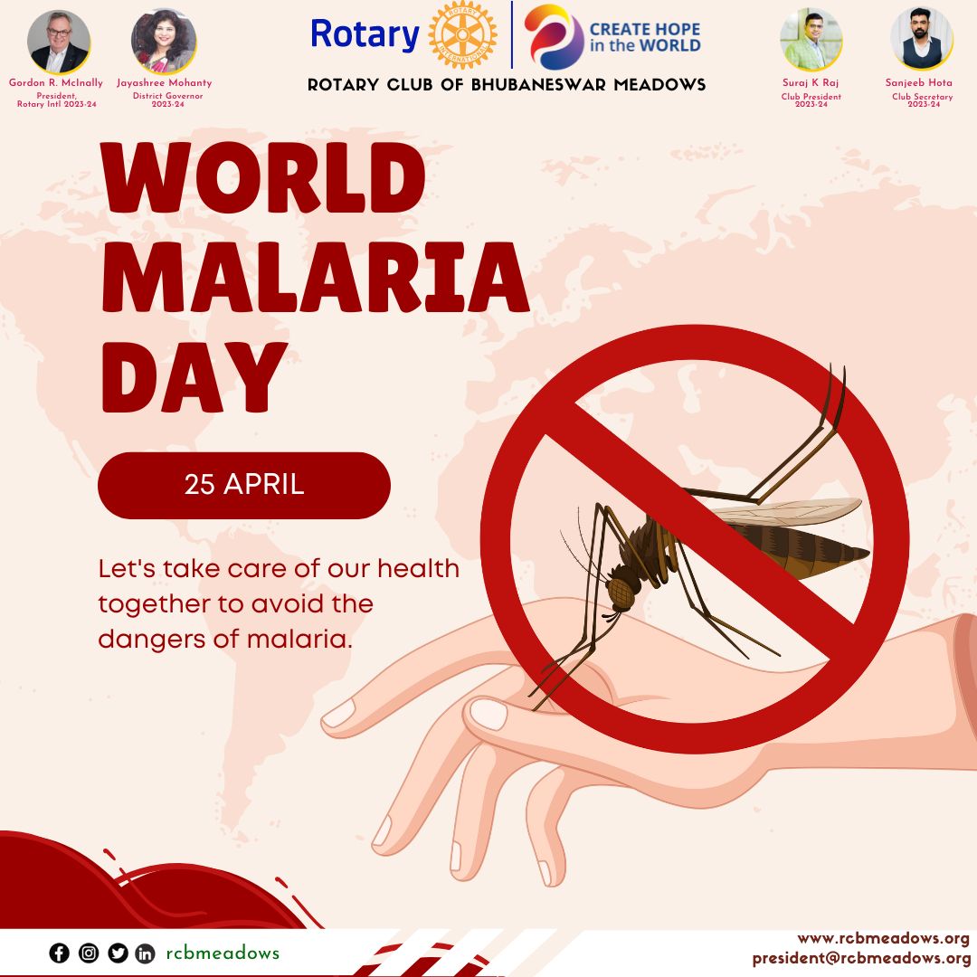 🌍🦟 On the event of World Malaria Day, the Rotary Club of Bhubaneswar Meadows stands united in the fight against this preventable and treatable disease. Together, we can make a difference! 💪💙 #WorldMalariaDay #EndMalaria #RCBMeadows #CommunityAction #HealthForAll