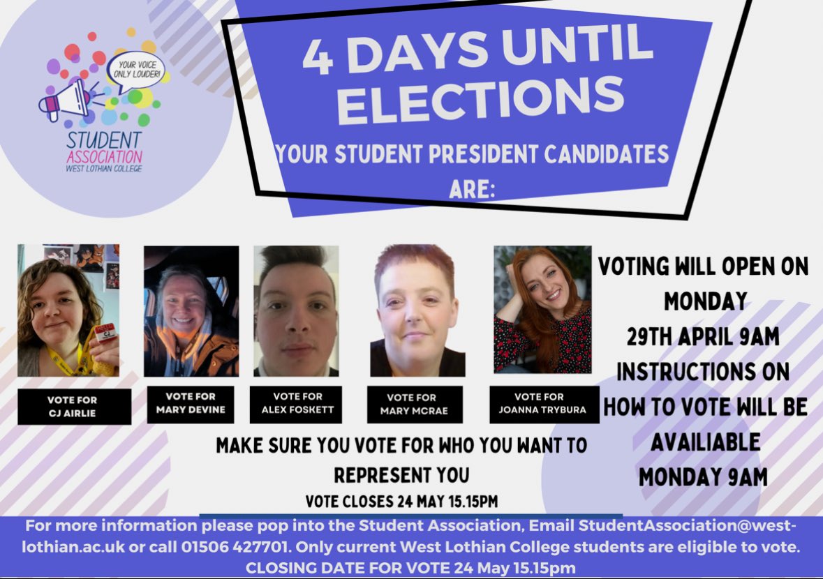 We would love you to meet the 2024 Student President Candidates! 4 days to go until voting opens! Only current West Lothian College students eligible to apply. @WestLoCollege @NUSScotland @JackieGalbraith