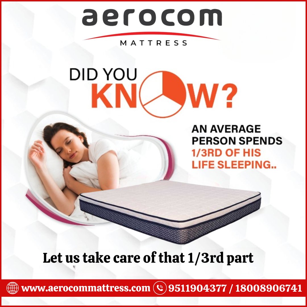 Did You Know? On average, a person spends 1/3rd of their life #sleeping. Let us take care of that essential 1/3rd! Discover the perfect #mattress for your sleep needs at aerocommattress.com. Contact us at 9511904377 / 18008906741 to upgrade your #sleepquality today!