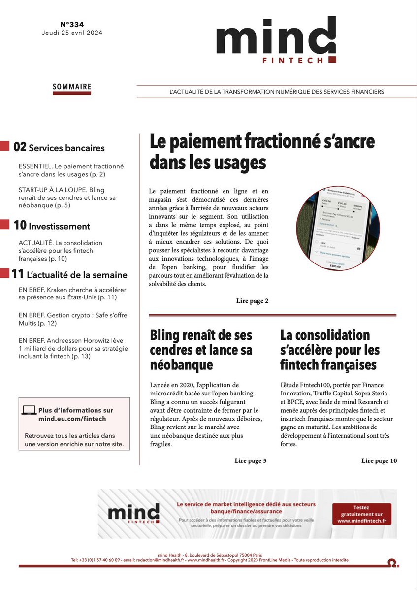 📯 [Hebdo n°334] Au sommaire de <a href="/mindfintech/">mind Fintech</a> 
👉 lnkd.in/eXf-fAgM

☑️ [BNPL] Le paiement fractionné s’ancre dans les usages
☑️ [Néobanque] BLING renaît de ses cendres et lance sa néobanque 
☑️ [Fintech100] La consolidation s'accélère pour les fintech françaises