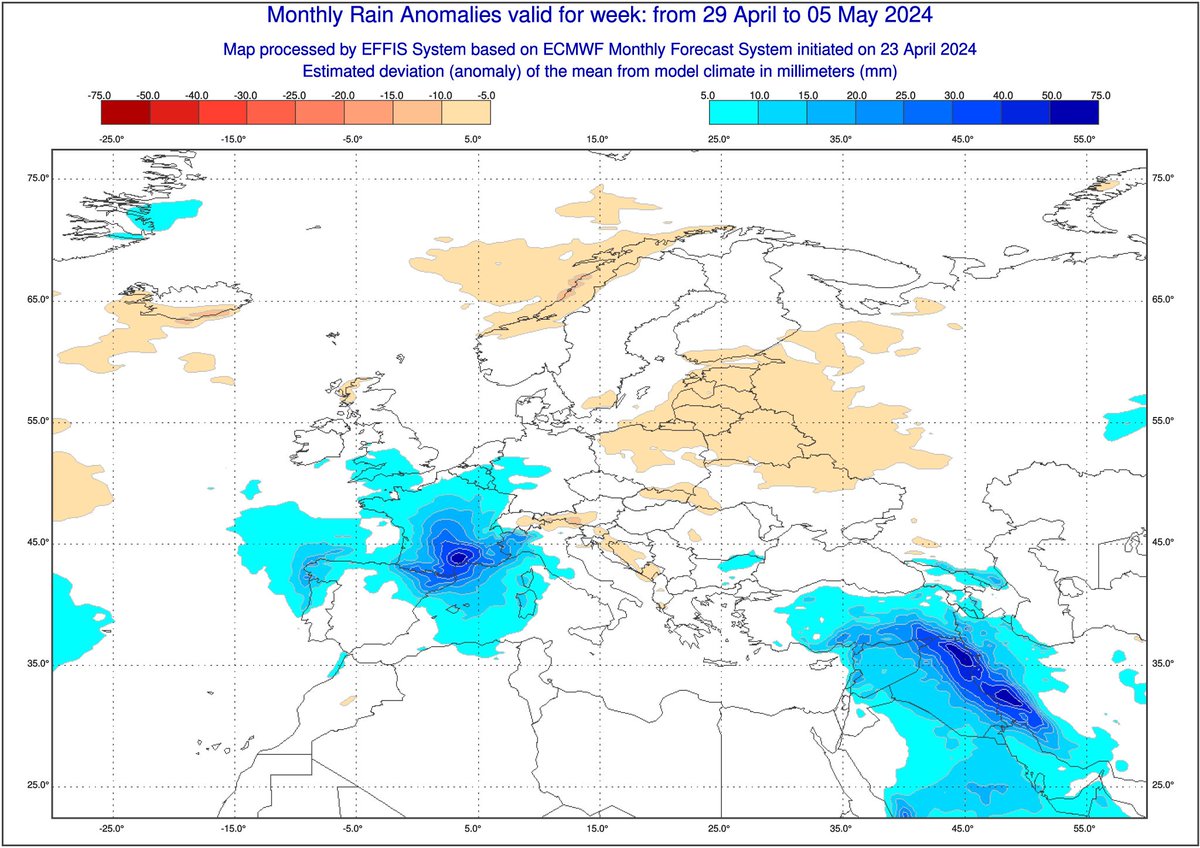 Ces prochains jours, les températures remonteront et vont rejoindre peu à peu les normales de saison. Cependant, la carte d'anomalie de précipitations entre le 29 avril et 6 mai suggère le retour de l'instabilité en France avec des pluies quotidiennes sur la moitié sud du pays 🌧