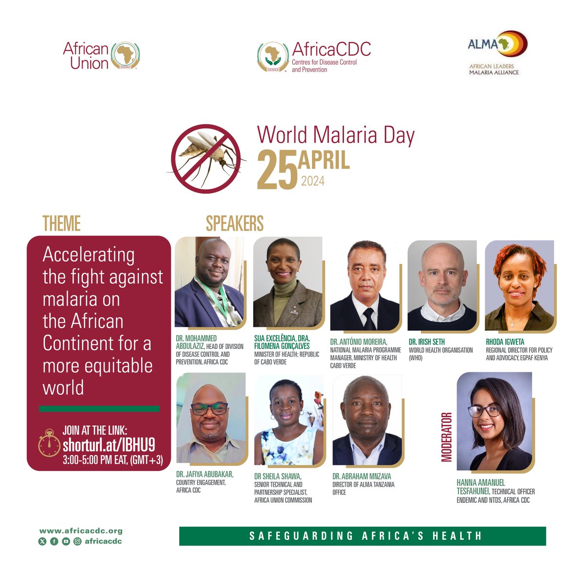 Join us for the 2024 World Malaria Day Commemoration Webinar today. 📅 Thursday 25, April 2024 ⏰ 3:00 - 5:00 PM (Nairobi Time, GMT+3) Link for registration africacdc-org.zoom.us/webinar/regist… Let's accelerate the fight against malaria in Africa for a more equitable world.