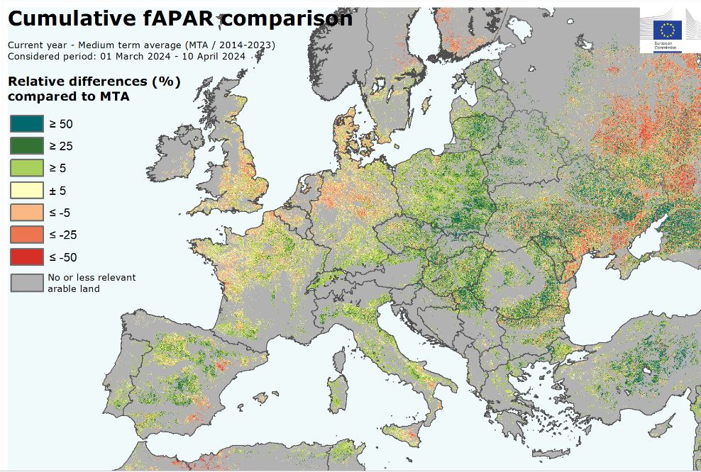 #crop condition in 🇪🇺Europe. Green 🟩reflect above-average biomass or early crop growth while red🟥 reflect below-average biomass or late crop development. Positive biomass growth in 🇪🇸🇵🇱🇸🇰🇦🇹🇨🇿 due to above-average temperatures🌡️ - Less growth in 🇮🇪🇬🇧 joint-research-centre.ec.europa.eu/jrc-news-and-u…