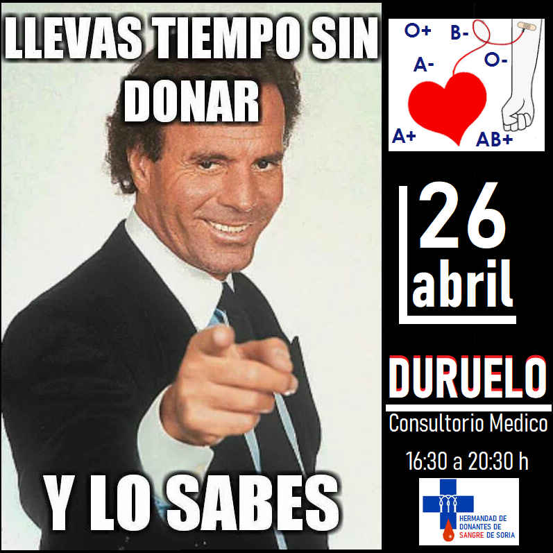 🫵 Llevas tiempo sin #Donarsangre y lo sabes 😉
2️⃣6️⃣ de abril
🌲🌲<a href="/duruelo/">alvaro gaviria</a>
🏥Consultorio médico de 16:30 a 20:30 h
⏱Espera dos horas después de comer
😷 y DNI
📝Rellena la ficha de la Hermandad
‼️Siempre hay alguien🤒🤕esperando tu #donación‼️
<a href="/AytoDuruelodlS/">Ayuntamiento Duruelo de la Sierra</a> <a href="/DurueloSideral/">Duruelo Naturaleza Sideral</a>