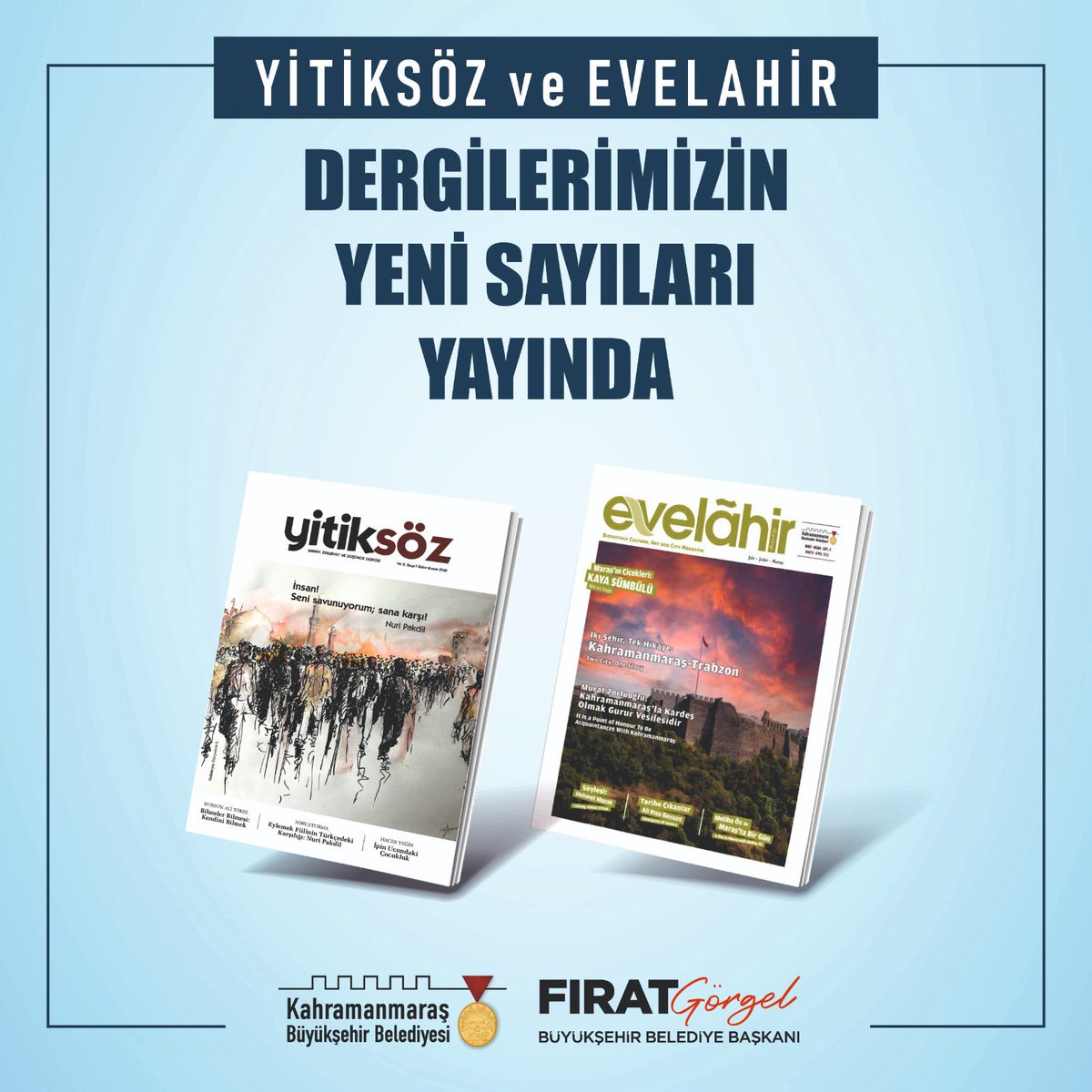 Yitiksöz ve Evelahir dergilerimizin yeni sayısı okurlarla buluştu.🗞️ Dergilerin aktüel ve geçmiş sayılarına web sitemizin e-dergi kısmından ulaşabilirsiniz. İyi okumalar 😇 🔗 kahramanmaras.bel.tr/e-dergi