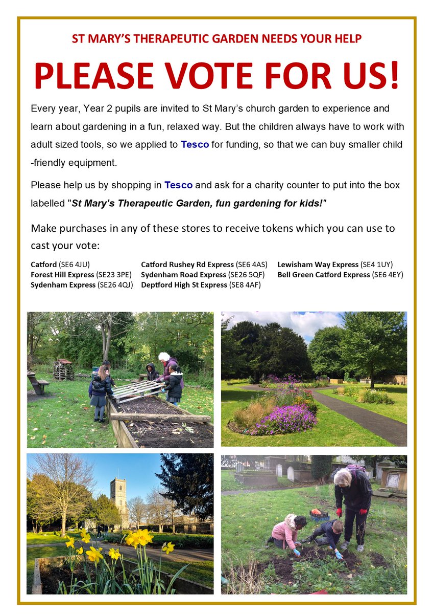 We need your help to win a @Tesco Community Grant for St Mary's Therapeutic Garden! Please help us by voting for @lewishamparish at your local @Tesco store. #Lewisham
