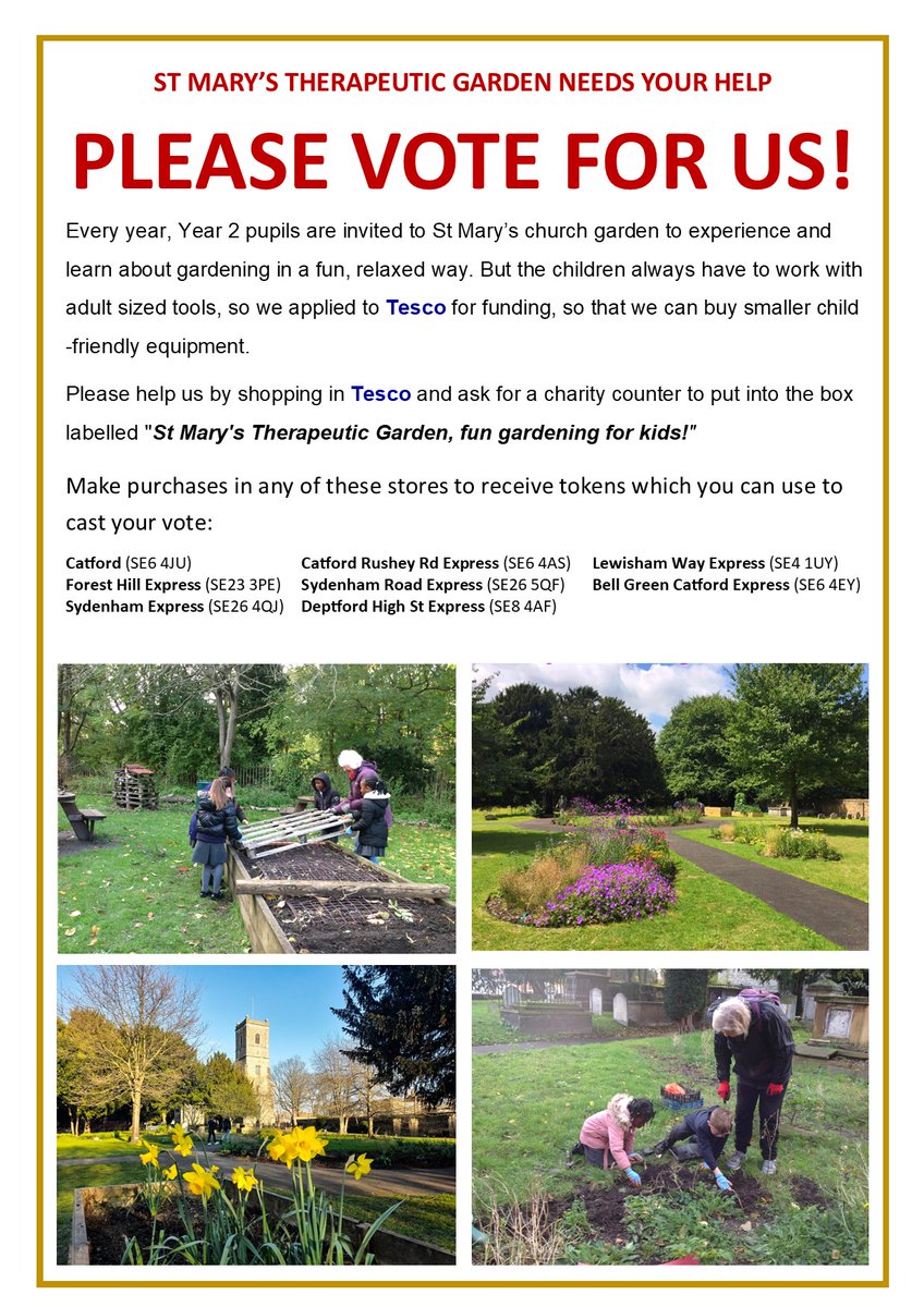 We need your help to win a <a href="/Tesco/">Tesco</a> Community Grant for St Mary's Therapeutic Garden! Please help us by voting for <a href="/lewishamparish/">St Mary's Church</a> at your local <a href="/Tesco/">Tesco</a> store. #Lewisham