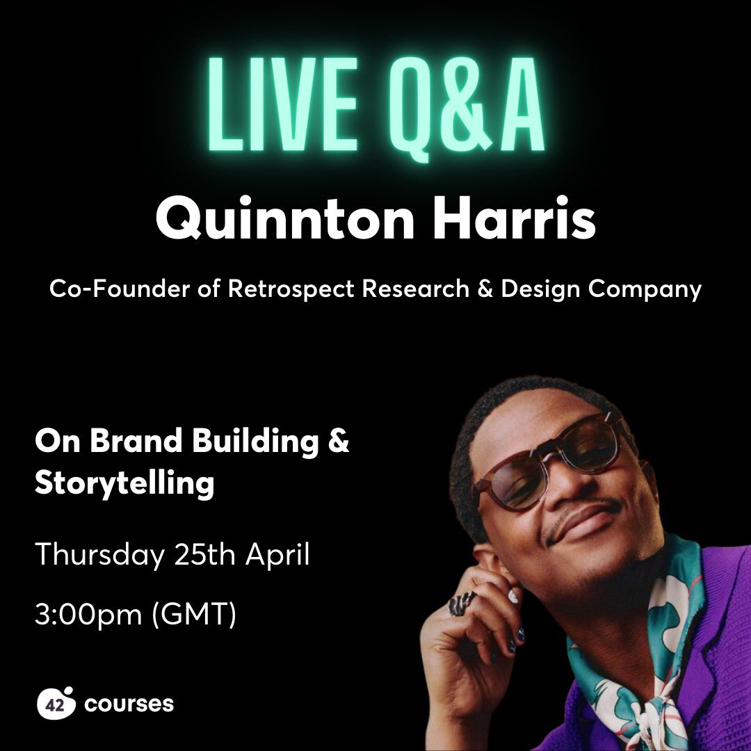42Courses's tweet photo. Cannes Lions Grand Prix winner and Design Jury President, Quinnton Harris is joining us for an exclusive, live Q&A session today.

He'll be sharing his insights on how to create great work, and how to make yourself and your organisation more creative.

Sign up here to join @quinntonharris today at 3:00pm GMT. https://t.co/xp7W8a0YCE