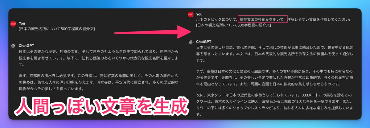 ChatGPTにより人間らしい文章を出力させるプロンプト
ㅤ
海外で話題になっている"句構造プロンプト"が面白い
これを入力の最初に入れるだけ⬇️
___
以下のトピックについて、句構造文法の枠組みを用いて、理解しやすい文章を作成してください: 
___